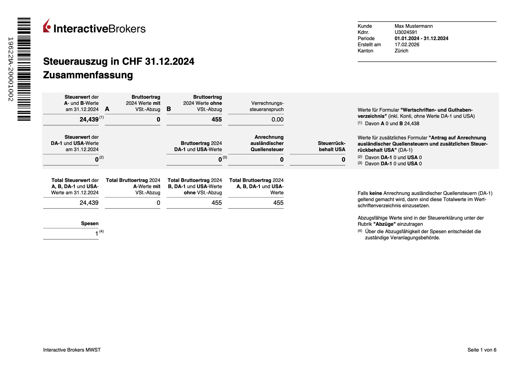 Swiss e-tax statement preview document